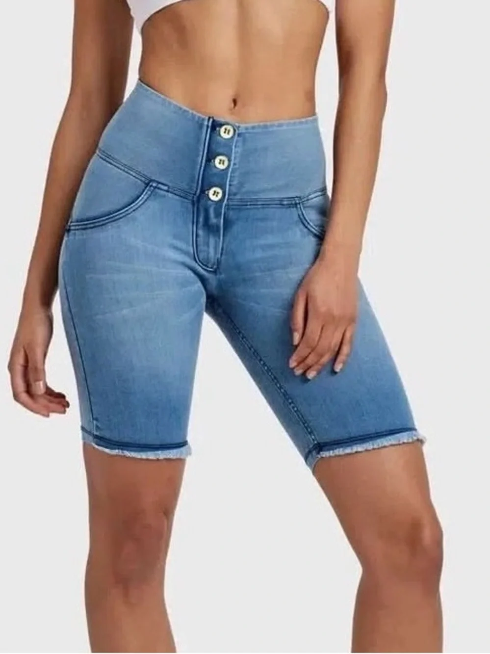 Freddy WRUP Denim High Waisted 3 Button Biker Shorts Light Blue Blue size 4 nWOT